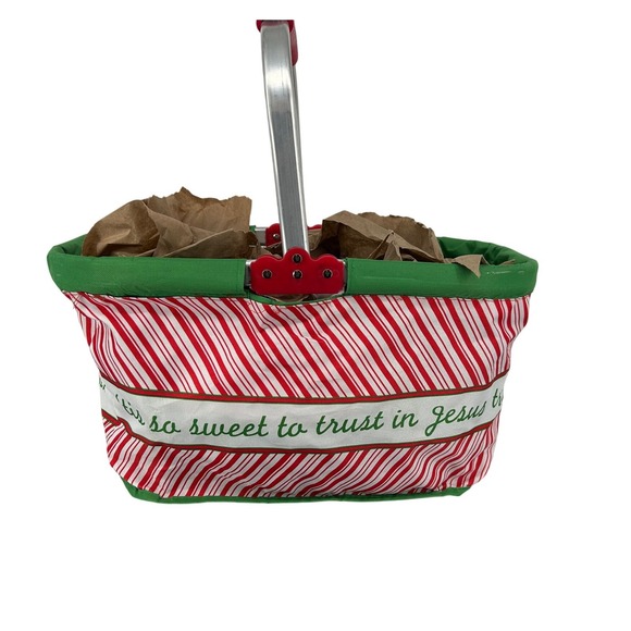 Christmas Candy Cane Trust in Jesus Collapsible Basket w/Handle Red White Green - Picture 2 of 6